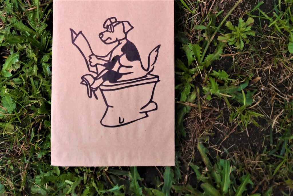 Hundkottüte aus Papier auf einem Rasenstück.